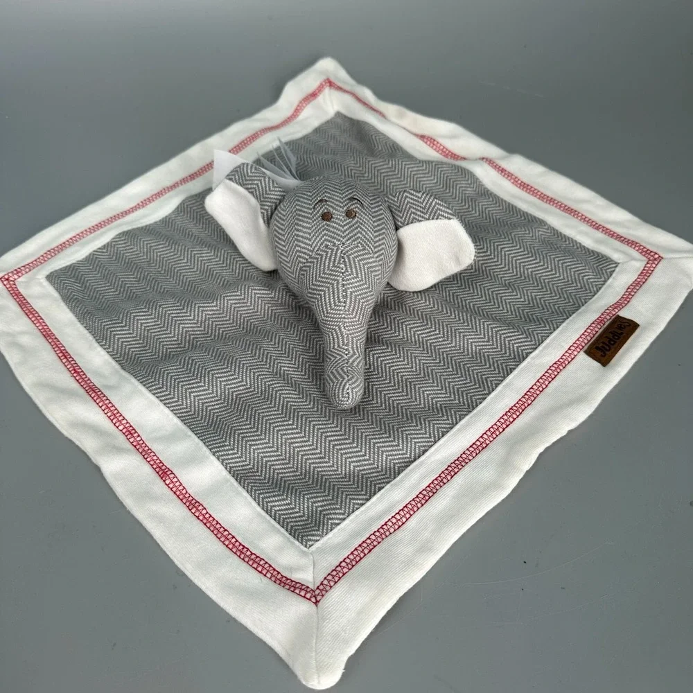 Juddlies Elephant Lovey Security Blanket Grey White Herringbone Red Stitching